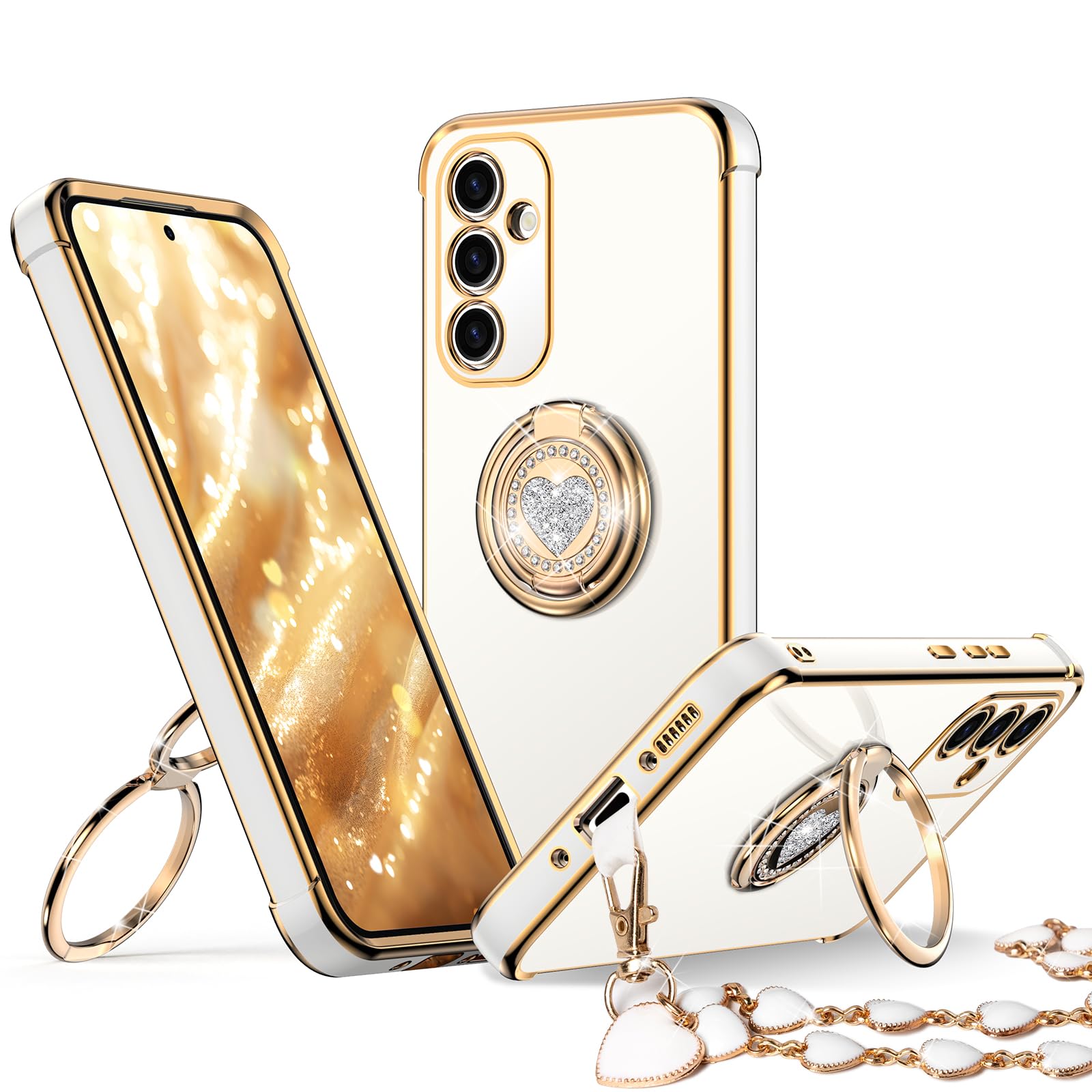 XYZ for Galaxy S25 Case with Stand, for Samsung Galaxy S25 Case with Double Ring Kickstand, Women Girls Cute Love-Heart Bling Luxury Protective Phone Case for Samsung S25, White