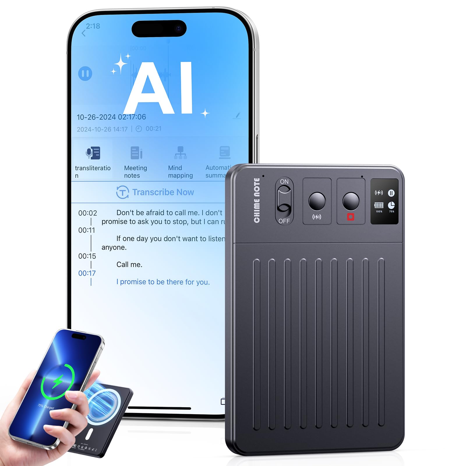 TTQ AI Voice Recorder, Digital Voice Recorder App Control, Transcribe & Summarize & Translation Empowered by ChatGPT, Wireless Charging, 121 Languages, 64GB Memory for Lecture, Meeting, Calls