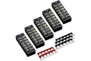 MILAPEAK 10pcs (5 Sets) 6 Positions Dual Row 600V 25A Screw Terminal Strip Blocks with Cover + 400V 25A 6 Positions Pre-Insulated Terminals Barrier Strip (Black & Red)