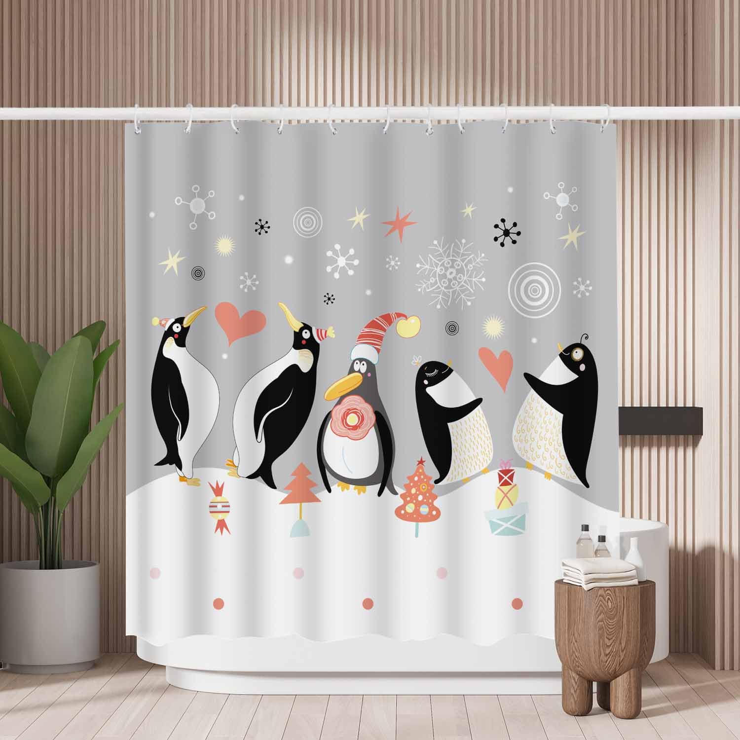 Woutay Shower Curtain Mould Proof Resistant Happy Penguin,Water Repellant Fabric,Polyester,with 12 Plastic Hooks