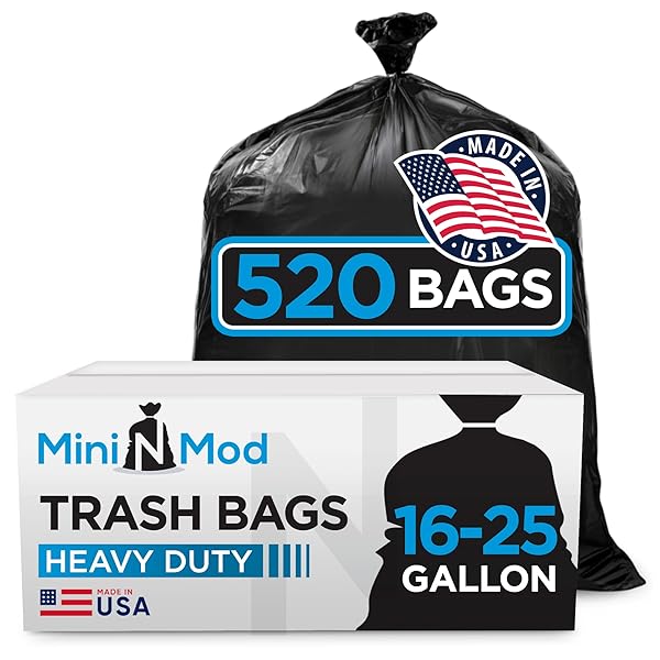 16-25 GALLON TRASH BAGS – BULK 520 COUNT – MEDIUM-LARGE BLACK GARBAGE BAGS, ONE SIZE FITS 16, 20, 25 GAL TRASH CAN LINERS FOR BATHROOM, KITCHEN, HOME, OFFICE & COMMERCIAL – TEAR-OFF ROLL