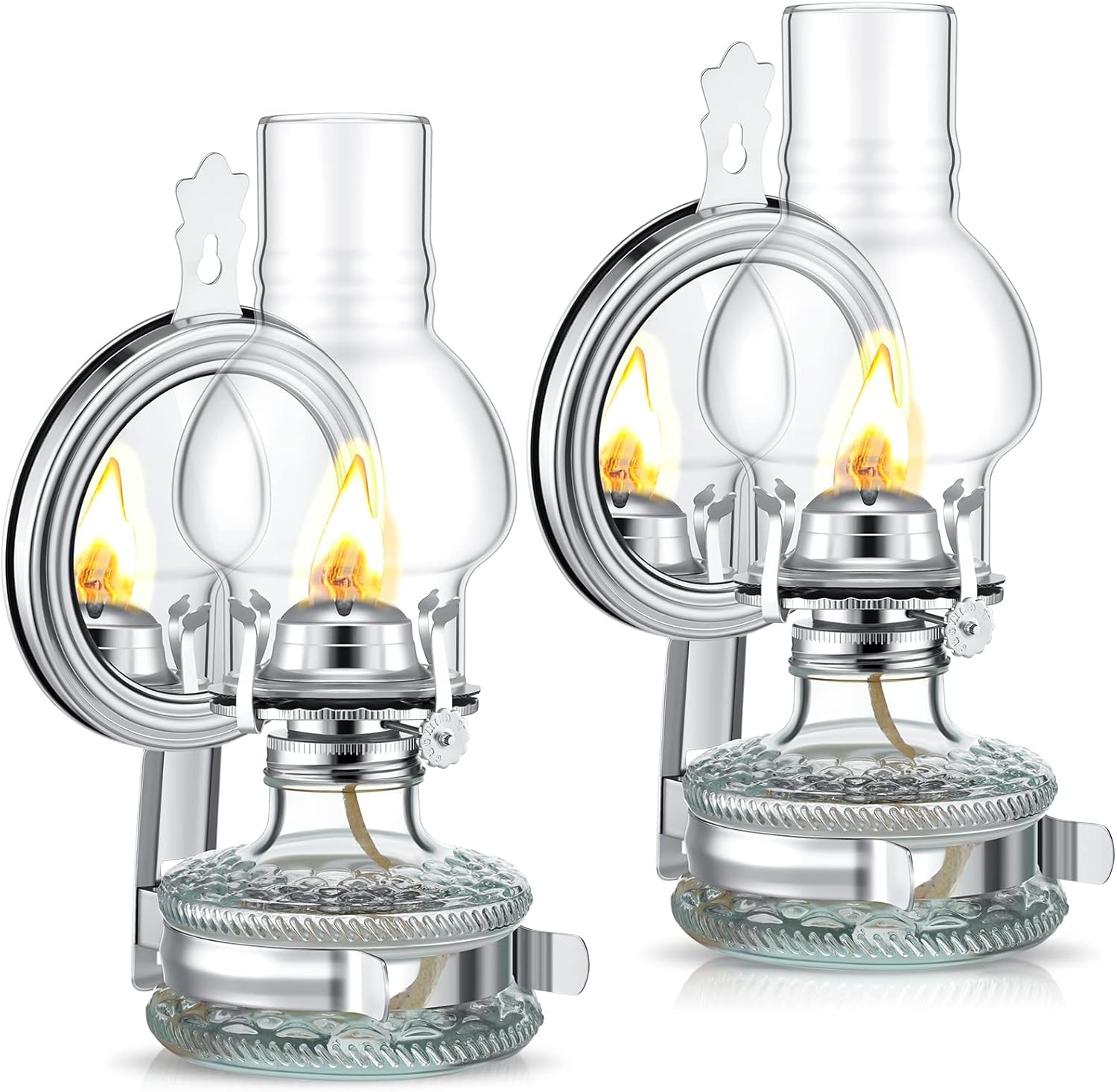 Oil Lamps & Accessories - Yexiya Large Kerosene Lamp Lantern Large Chamber Oil Lamp Wall Mounted Kerosene Lamp Vintage Glass Clear Kerosene Lamp Rustic Oil Lamp with Oil Wick for Indoor Use Home Decor Lighting (Silver, 2 Pcs)