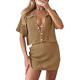 Saodimallsu Womens 2 Piece Cover Up Set Crochet Beach Summer Knit Button Short Sleeve Crop Top Mini Skirt Sets