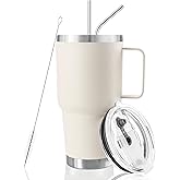 DYNAMIC SE 30 oz Tumbler With Handle, Double Wall Stainless Steel Vacuum Insulated Travel Mug with Splash-Proof Lid Metal Straw and Brush (Cream)