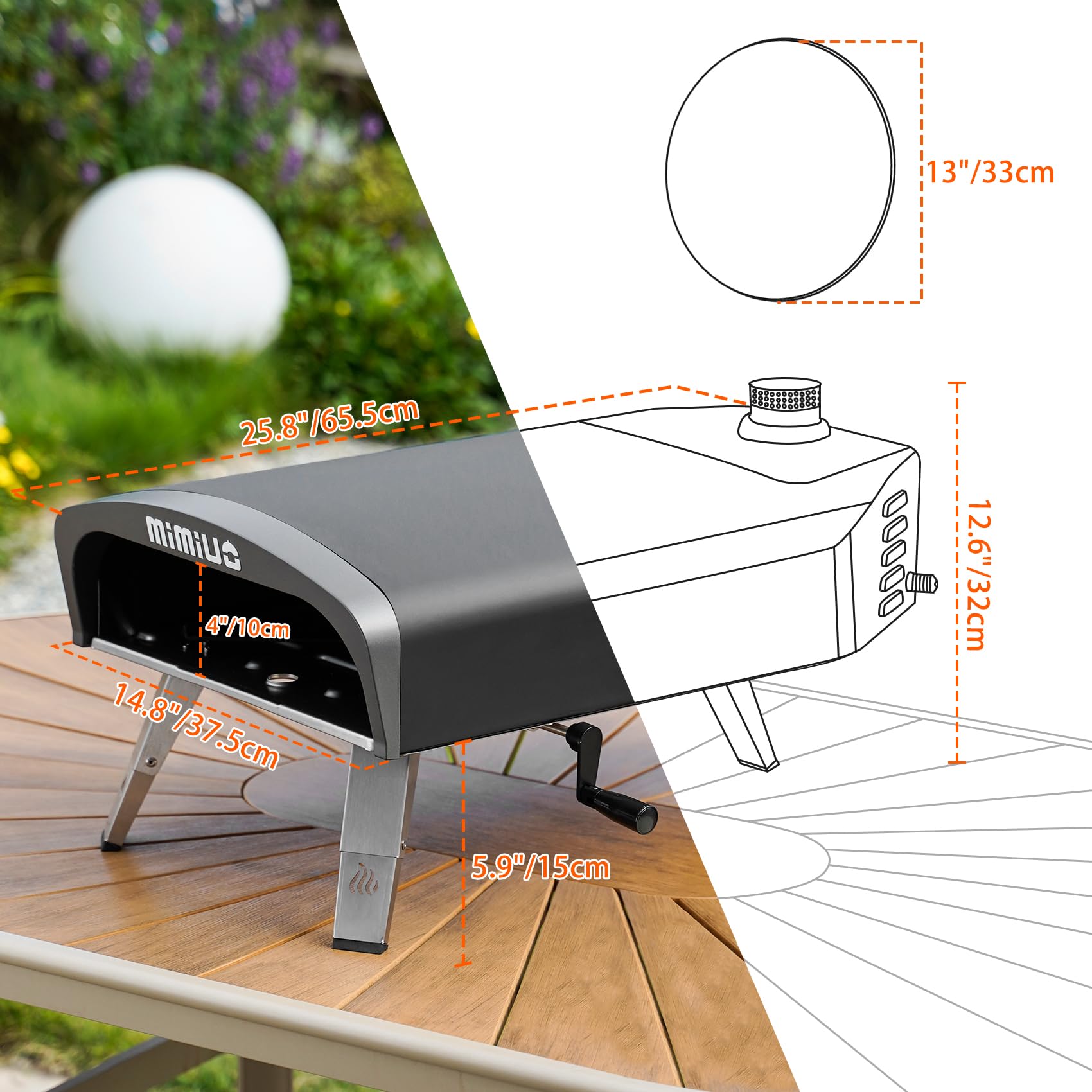 Mimiuo Gas Pizzaofen mit Manuellem Drehfunktion und Gasdruckregler | Tragbarer Gasofen für Garten, outdoor | Enthält 33cm Pizzastein, Pizzaschaufel, Pizza-Abdeckung | Gas Pizza Oven 3