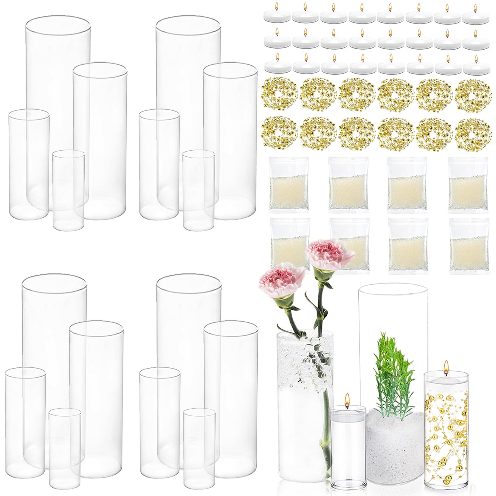 Photo 1 of UDU 16 Set Glass Cylinder Vases for Centerpieces with 80000 Clear Beads 24 White Floating Candles 12 Pearl String Center Pieces Decoration for Table Table Wedding Party Home
