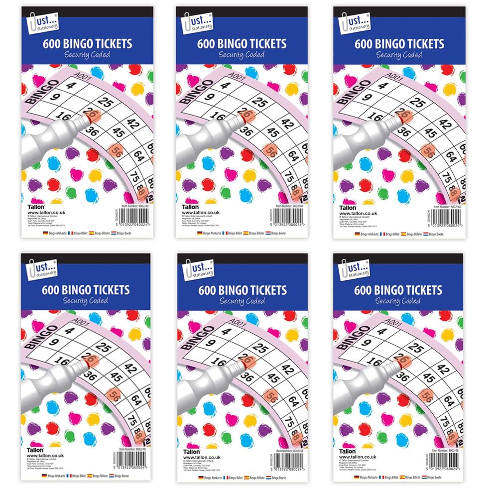 Sixstore Bingo Tickets Bundle - 6 Packs of Bingo Books with 600 Tickets Each for a Total of 3600 Bingo-Tickets for Game Nights Bundled, Assorted Colours