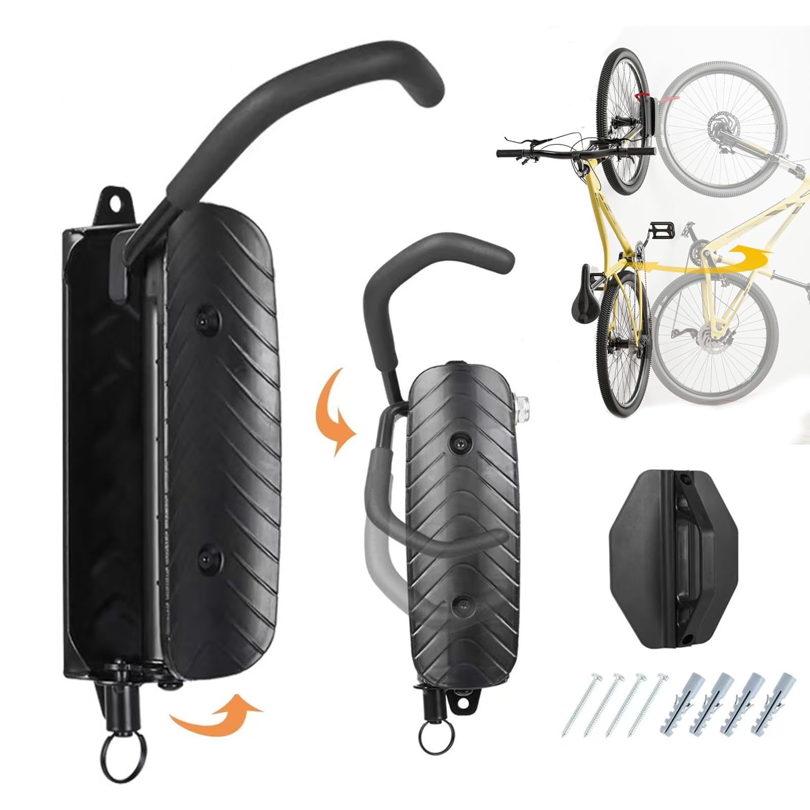 Swivel Bike Wall Mount, Bike Hangers for Garage, Wall Mount Bike Rack, Space Saving Sturdy Wall Bike Rack, Bike Rack Holds Up to 66 lbs -Bike Storage (1PC Black w. Adjusting Ring)