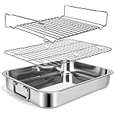 15.5" Stainless Steel Roasting Pans with Handles, Baking Pan for Oven with 2 Racks, Heavy Duty, Dishwasher Safe Rectangular Lasagna Pan with Handles for Turkey Chicken, Silver