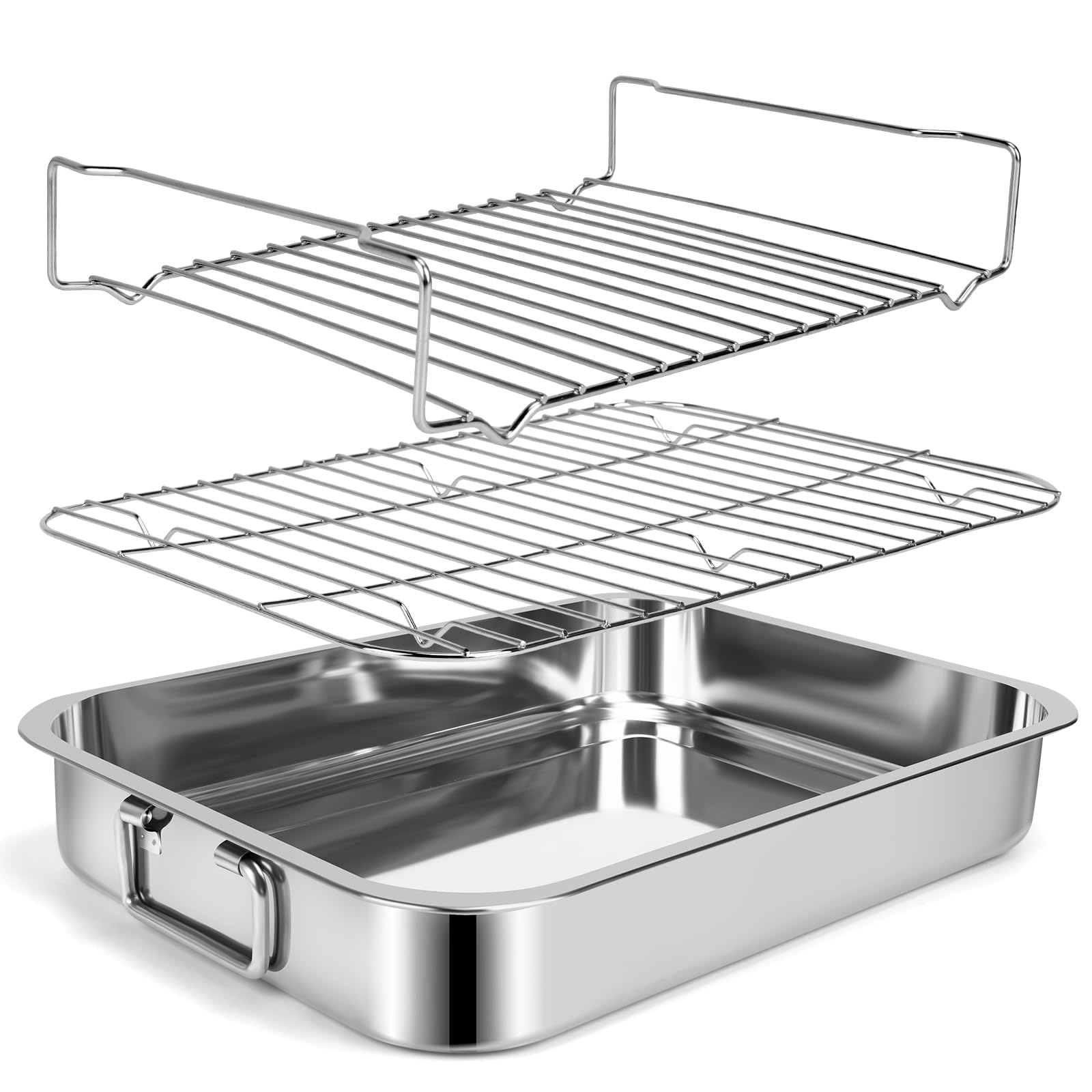 Photo 1 of 15.5" Stainless Steel Roasting Pans with Handles, Baking Pan for Oven with 2 Racks, Heavy Duty, Dishwasher Safe Rectangular Lasagna Pan with Handles for Turkey Chicken, Silver