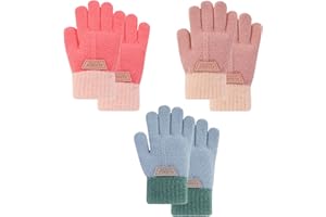 QKURT 3 Pairs Kids Knitted Gloves,Toddler Winter Stretch Magic Gloves, Warm Fluffy Full Finger Gloves 3-8 Years