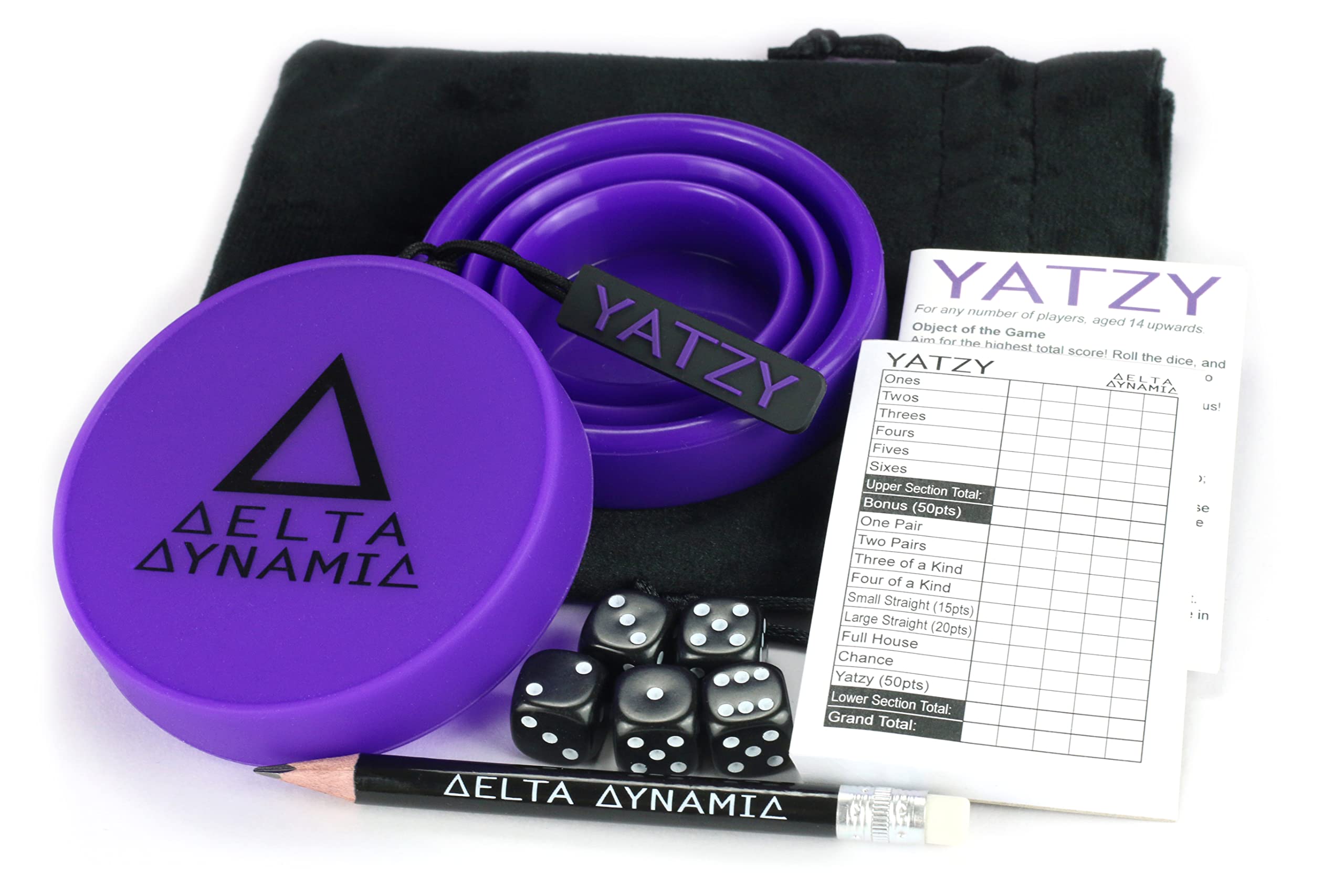 Delta Dynamic Products Yatzy - Pocket Travel Dice Game with Folding Shaker Cup & Deluxe Storage Bag. UK-Made.