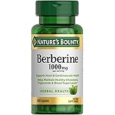 Nature’s Bounty Berberine 1000mg Capsules, Supports Heart Health, Cholesterol & Blood Sugar Levels in a Normal Range, Non-GMO Supplement, 60 Count