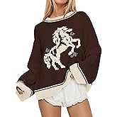 SHBECYDE Crew Neck Oversized Sweater for Women Y2k Long Sleeve Sweaters Horse Graphic Knit Pullover Trendy Fall Sweater 2026 Brown