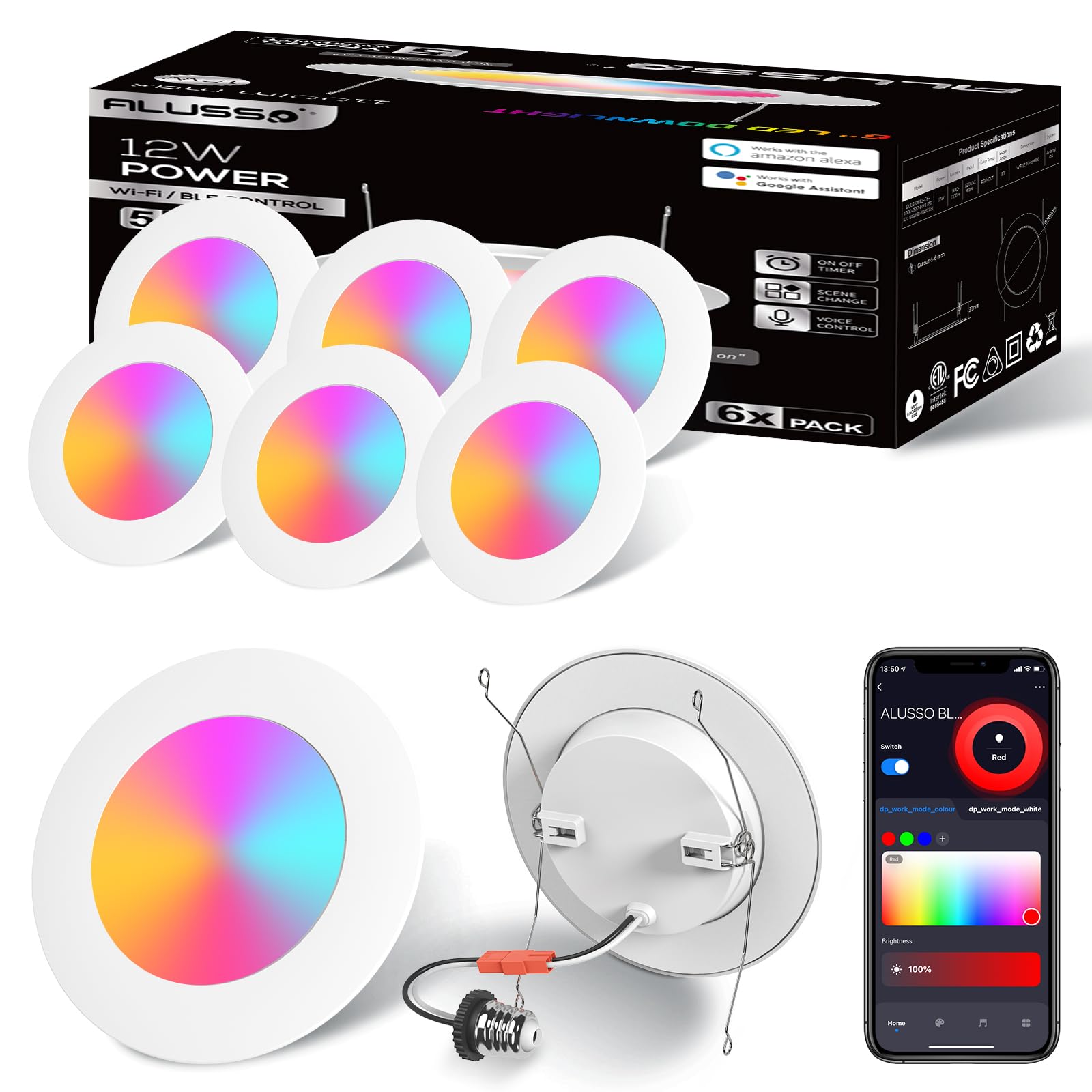 Photo 1 of ALUSSO LIGHTING® Smart LED Recessed Lighting 5/6 Inch 6 Pack,Wi-Fi & Bluetooth Dual Control,Smart Can Lights RGB Color Changing Retrofit,Dimmable 1100LM Downllight Works with Alexa & Google Assistant