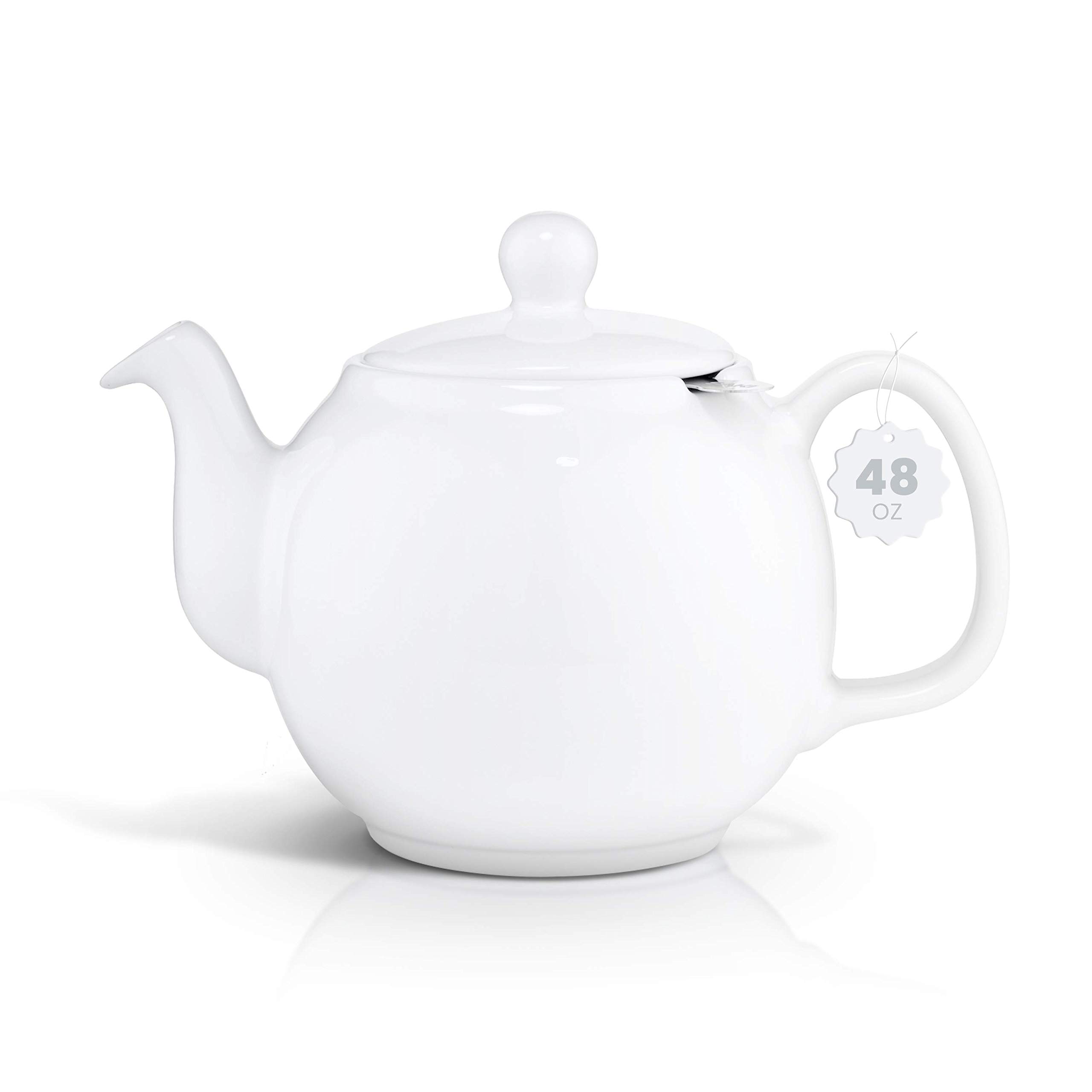 SAKI Large Porcelain Teapot, 48 Ounce Tea Pot with Infuser, Loose Leaf and Blooming Tea Pot - White