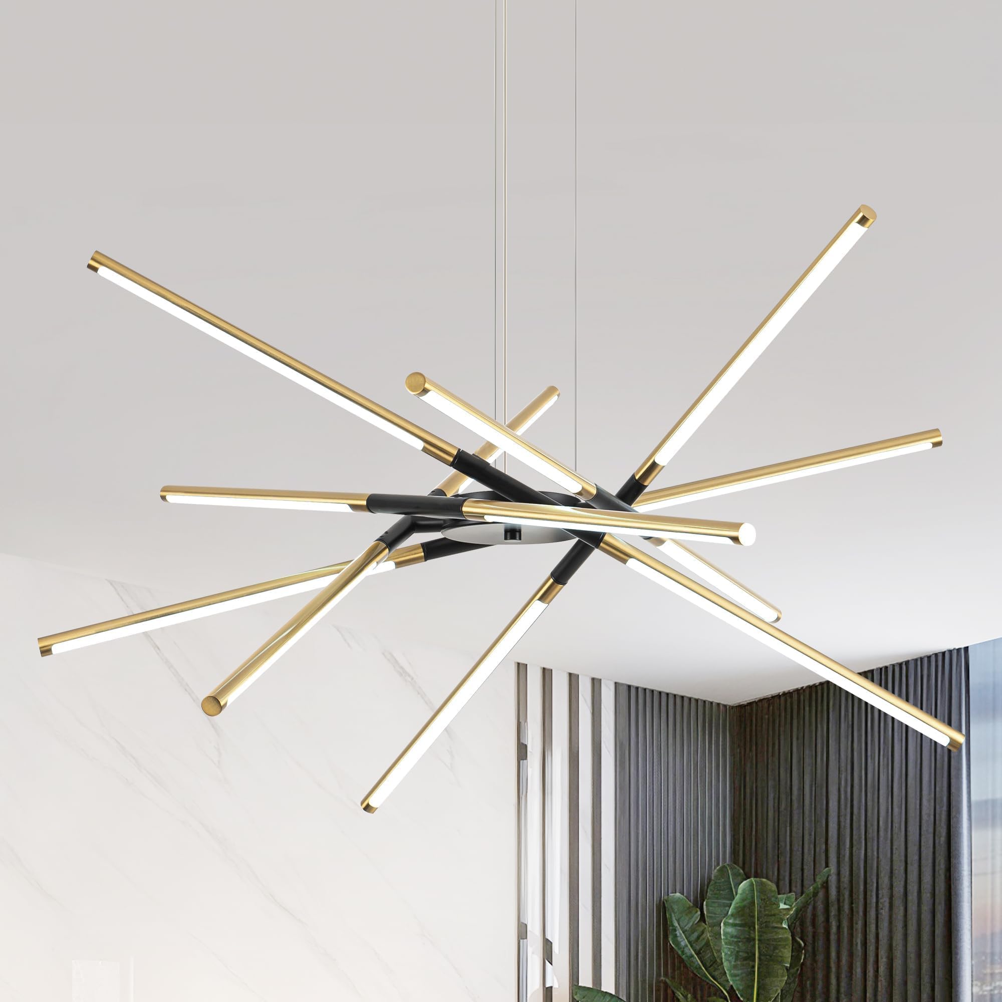 Photo 1 of 36" Modern LED Chandelier 12 Heads, 48W Dimmable Hanging Ceiling Light in Black and Gold, Adjustable Length for Kitchen Island, Dining Room, Bedroom, Living Room