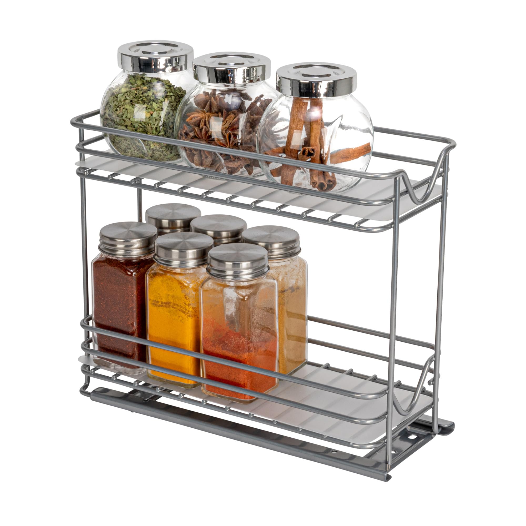 Household Essentials Glidez Powder-Coated Steel Pull-Out/Slide-Out Storage Organizer with Plastic Liners for Spice Rack Use - 2 -Tier Design - Fits Standard Size Cabinet or Shelf, Brushed Silver