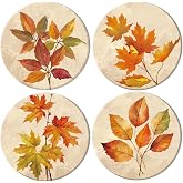 JarThenaAMCS 4Pcs Fall Thanksgiving Coasters Vintage Autumn Leaves Ceramic Coasters Absorbent Harvest Cup Mat for Mugs Cups Home Kitchen Office Party Table Decor