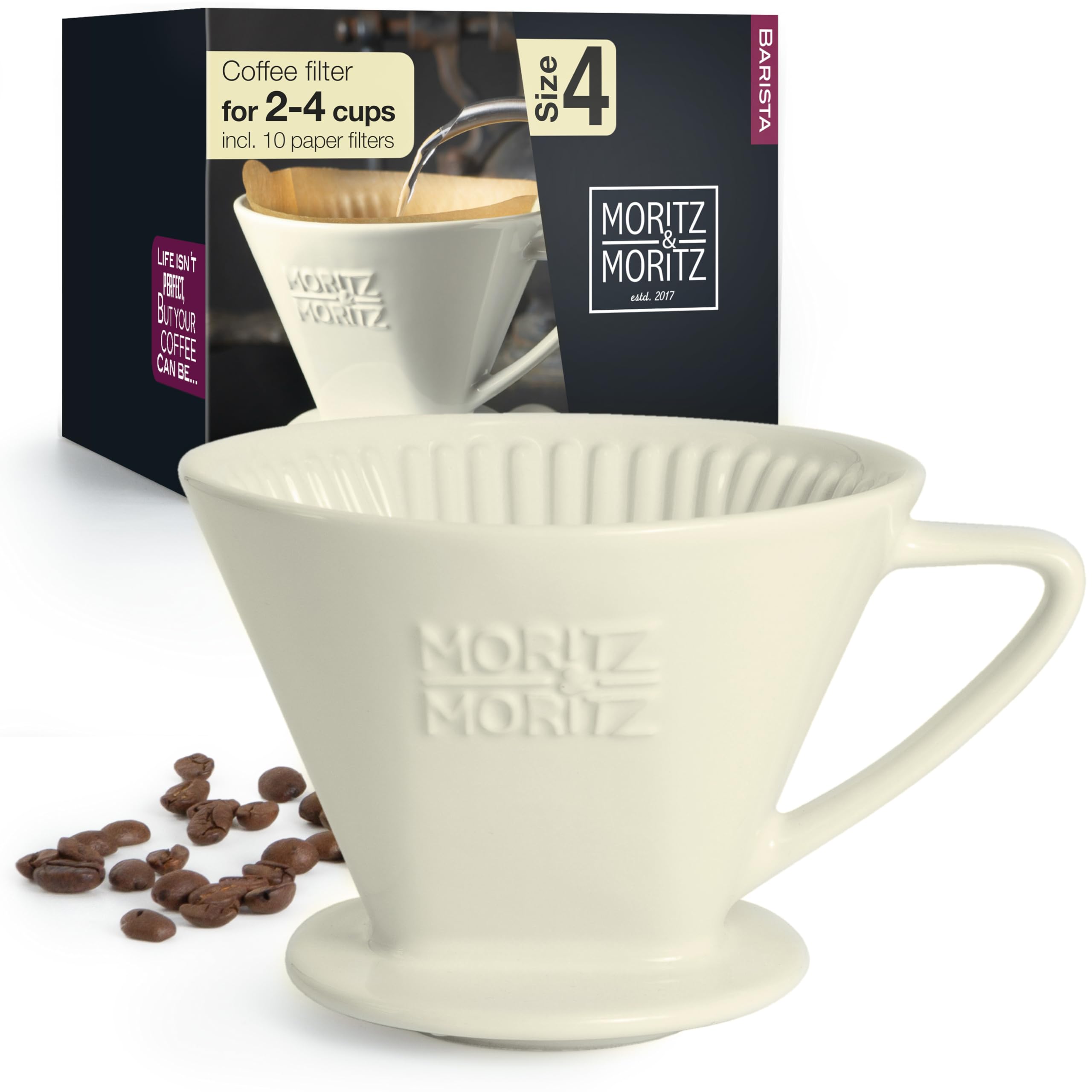 Moritz & Moritz Coffee Dripper Ceramic Size 4 – Perfect Pour Over Coffee – Classic White Porcelain Filter Cone for Rich Aroma