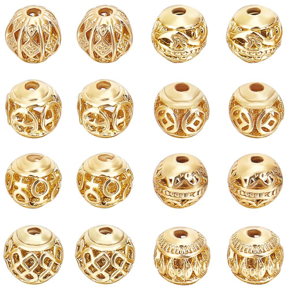 Beebeecraft 32Pcs 8 Style Filigree Beads Gold 8mm 18K Gold Plated Round Ball Loose Hollow Spacer Beads Metal Craft Accessories Bulk for Jewellery Making DIY Necklace Bracelet Hole: 2mm