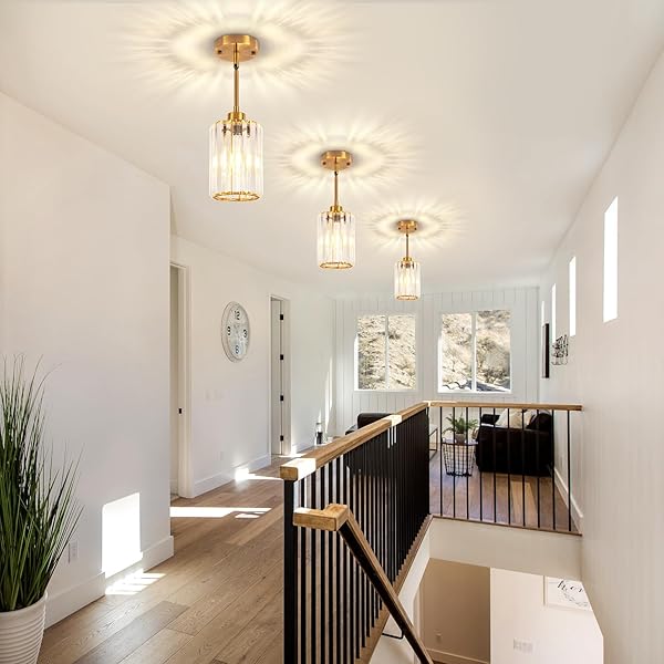 3 PACK BRUSHED GOLD PENDANT LIGHTS KITCHEN ISLAND, MODERN CRYSTAL PENDANT LIGHTING OVER ISLAND KITCHEN LIGHT FIXTURES HALLWAY CEILING LIGHTS ADJUSTABLE HANGING PENDANT LIGHT FOR BATHROOM FOYER