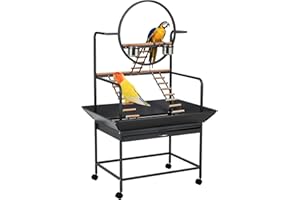 KOKEBREN Pet Products Parrot Playstand with Wheels, Bird Stand Activity Play Center with Perches and Ladders, Indoor Outdoor Playground for Birds, Black Hammertone Finish