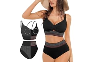 Tubeluck Women High Waisted Bikini Sets Tummy Control 2 Piece Swimsuit Ladies Shapewear Bikinis with Boho Trim & Padded