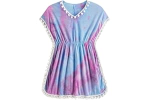 Milumia Girl's Cute Tie Dye Beach Coverups Pompom Trim Swimsuit Swimwear Cover Up