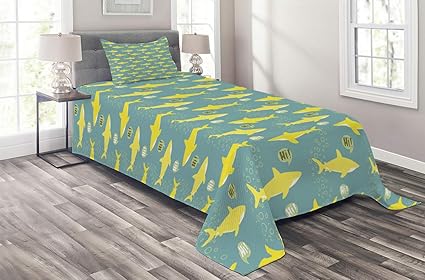 Amazon Com Ambesonne Shark Coverlet Set Twin Size Yellow
