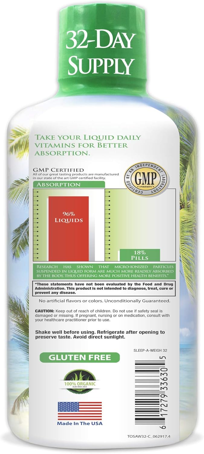 Sleep-A-Weigh Plus | Liquid Sleep Multimineral | Natural Sleep, Stress & Weight Loss Aid | w/Collagen, L-Carnitine, L-Lysine, Tonalin CLA, Apple Cider Vinegar, 5-HTP, Vitamins | Non-GMO | 32 Serv: Tropical Oasis: Health & Personal Care