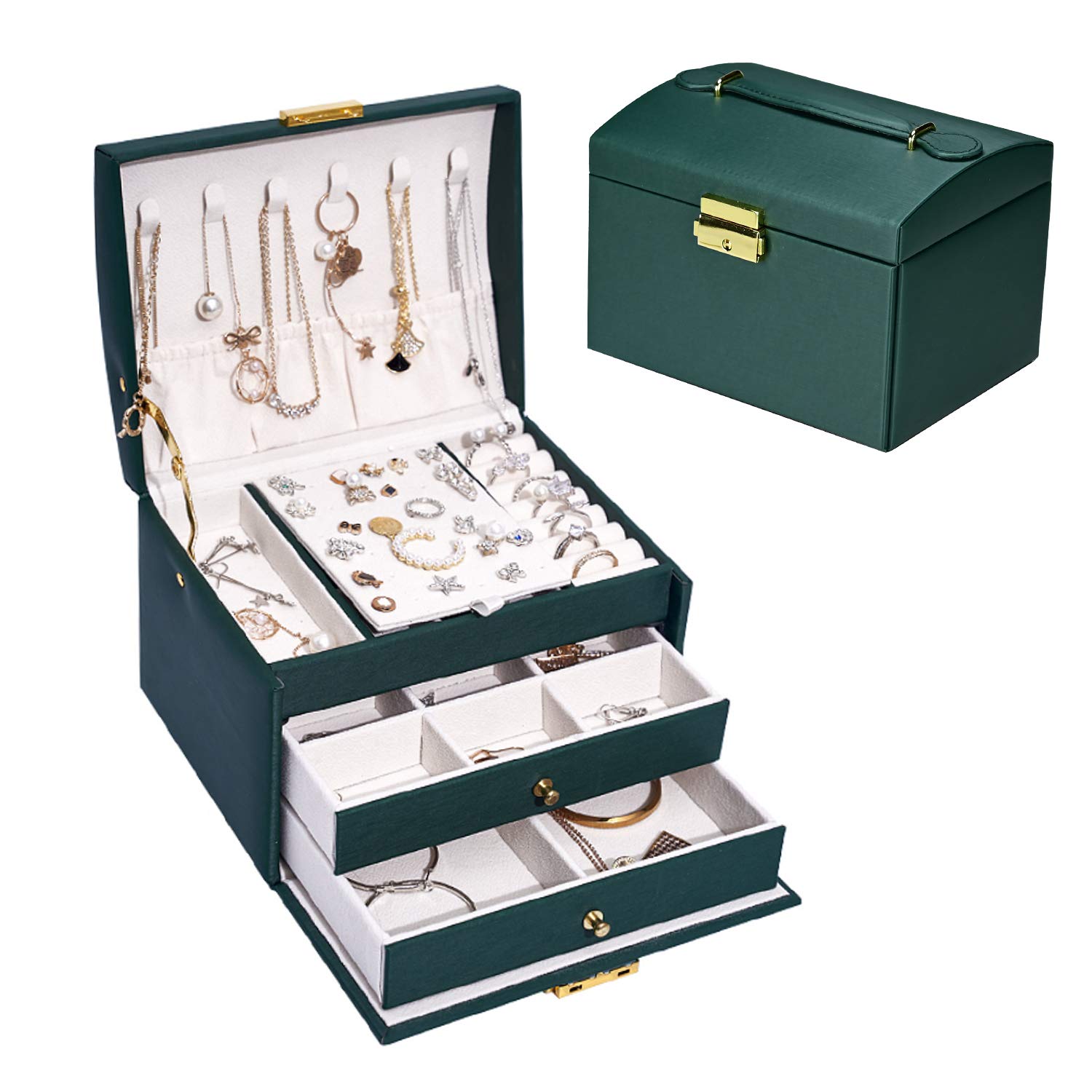 Podazz Women's Jewelry Box Leather Jewelry Organizer Travel Jewellry Box with Mirror Earring Necklace,Ring Display Valentine's Day Mother's Day Birthday Gift for Wife Mother Girl Friend (Green)