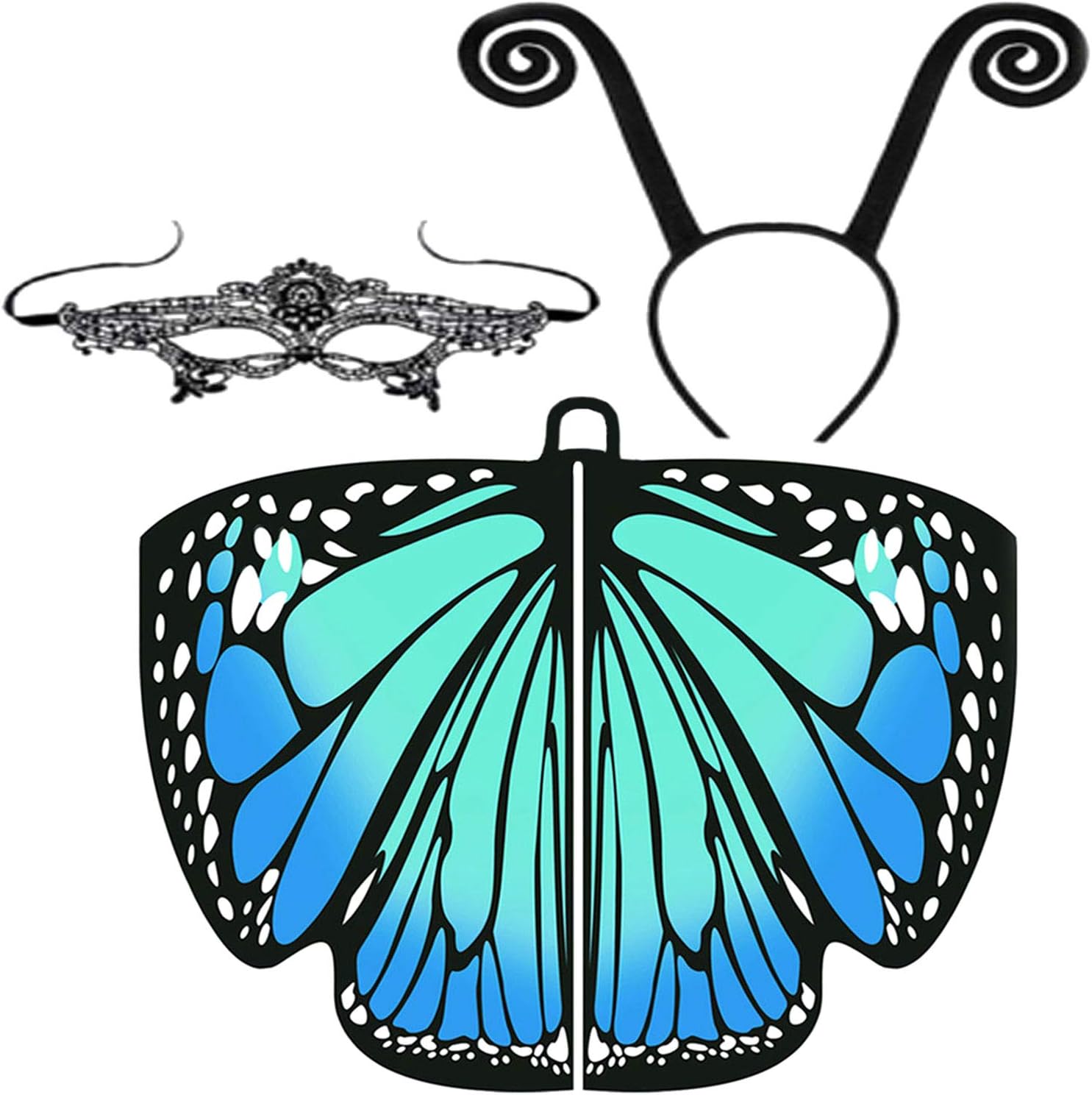 Cute Plus Size Halloween Costume For Women Butterfly Wings Fairy Shawl with Antenna Headband Soft Lace Mask