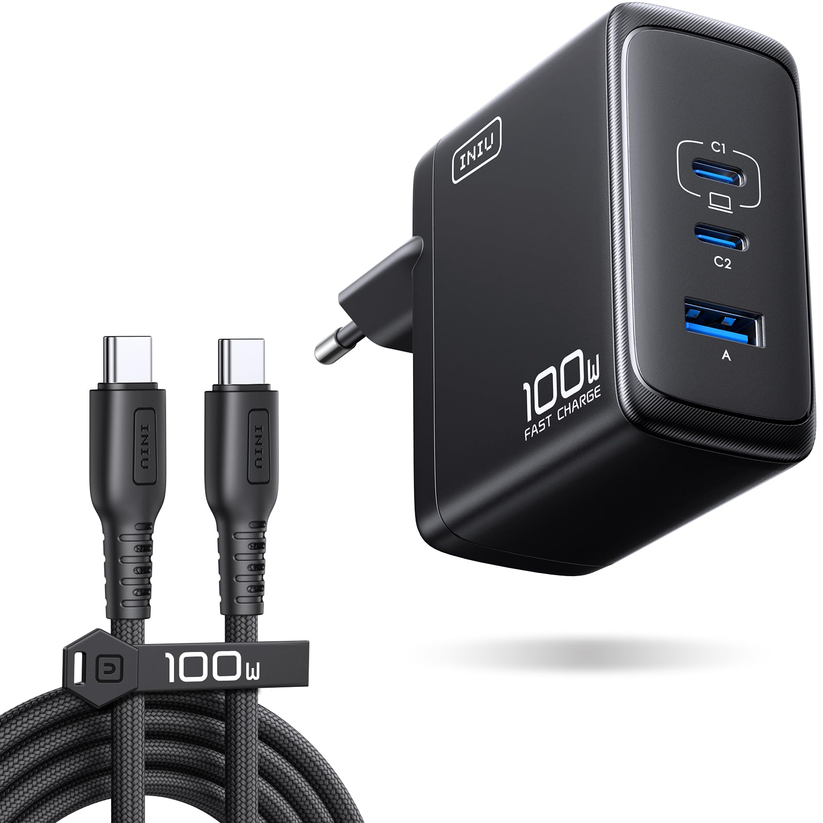 INIU USB C Ladegerät, 100W 3-Port Laptop Schnellladegerät mit 1.5m Kabel