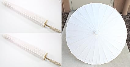 Pair of 23 Inch Tall White Wood Bamboo Paper Umbrella Parasol Backyard Decoration Gift