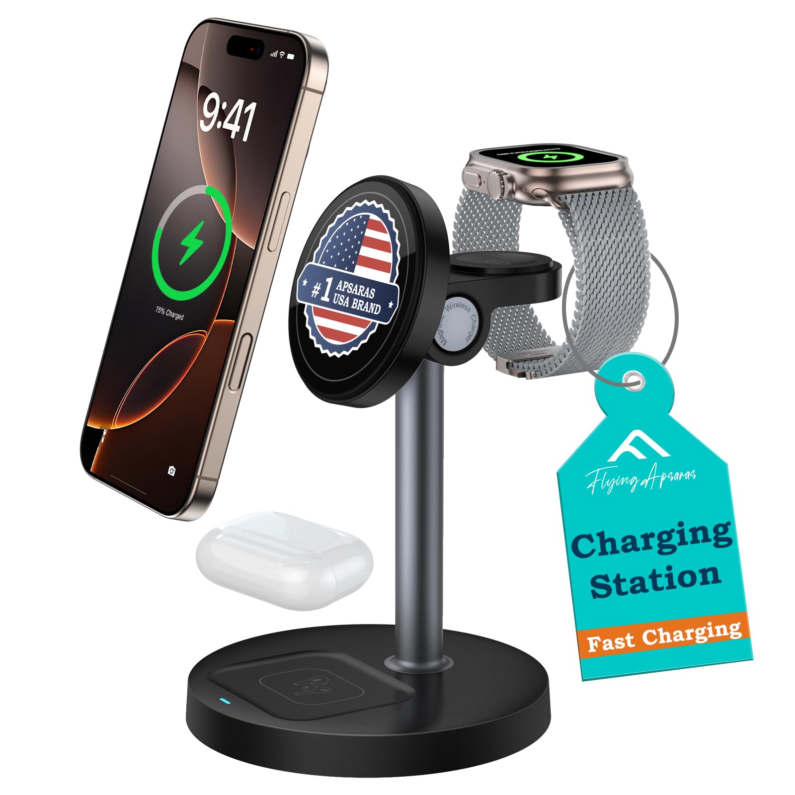 Photo 1 of 3 in 1 Charging Station Apple, Qi2 MagSafe Charger,Wireless Charger Fast Charging, Magnetic Mag-Safe Charger Stand for 16 15 14 13 12 Apple Watch AirPods, Adjustable Angle,Black