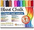 Chalk Markers with extra gold and silver ink from Blami Arts. Set of 12 shiny neon liquid chalk pen with reversible bullet and chisel fine tip. Free Your Imagination with unique paint colored chalkboard markers Now!