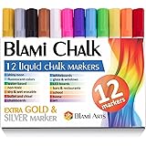 Chalk Markers with extra gold and silver ink from Blami Arts. Set of 12 shiny neon liquid chalk pen with reversible bullet and chisel fine tip. Free Your Imagination with unique paint colored chalkboard markers Now!