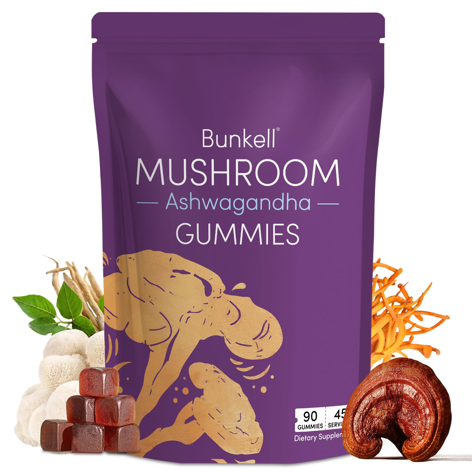 View 1 of **** EXP 05/20227 *** Bunkell Ashwagandha Mushroom Gummies, Adaptogenic 7 Mushrooms Mix w/ashwagandha - Lion's Mane, Reishi, Chaga & Maitake - Ashwagandha Gummies for Energy, Cognitive & Immune Support, 90 Count