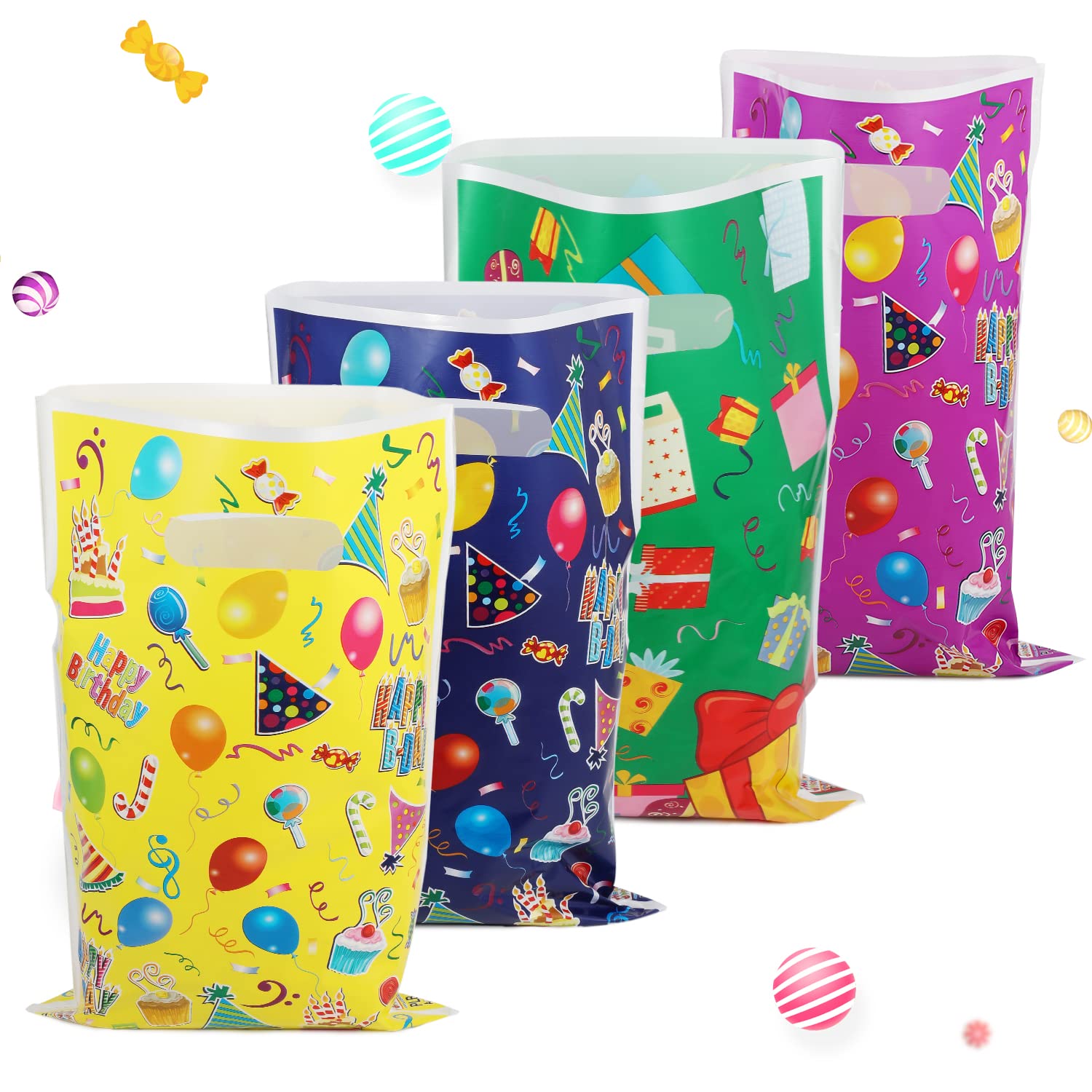 SAVITA 40pcs Birthday Goodie Candy Bags, Cute Goodie Bags for Kids Birthday Party Favor Bags Plastic for Candy Cookies Gift (4 Colors)