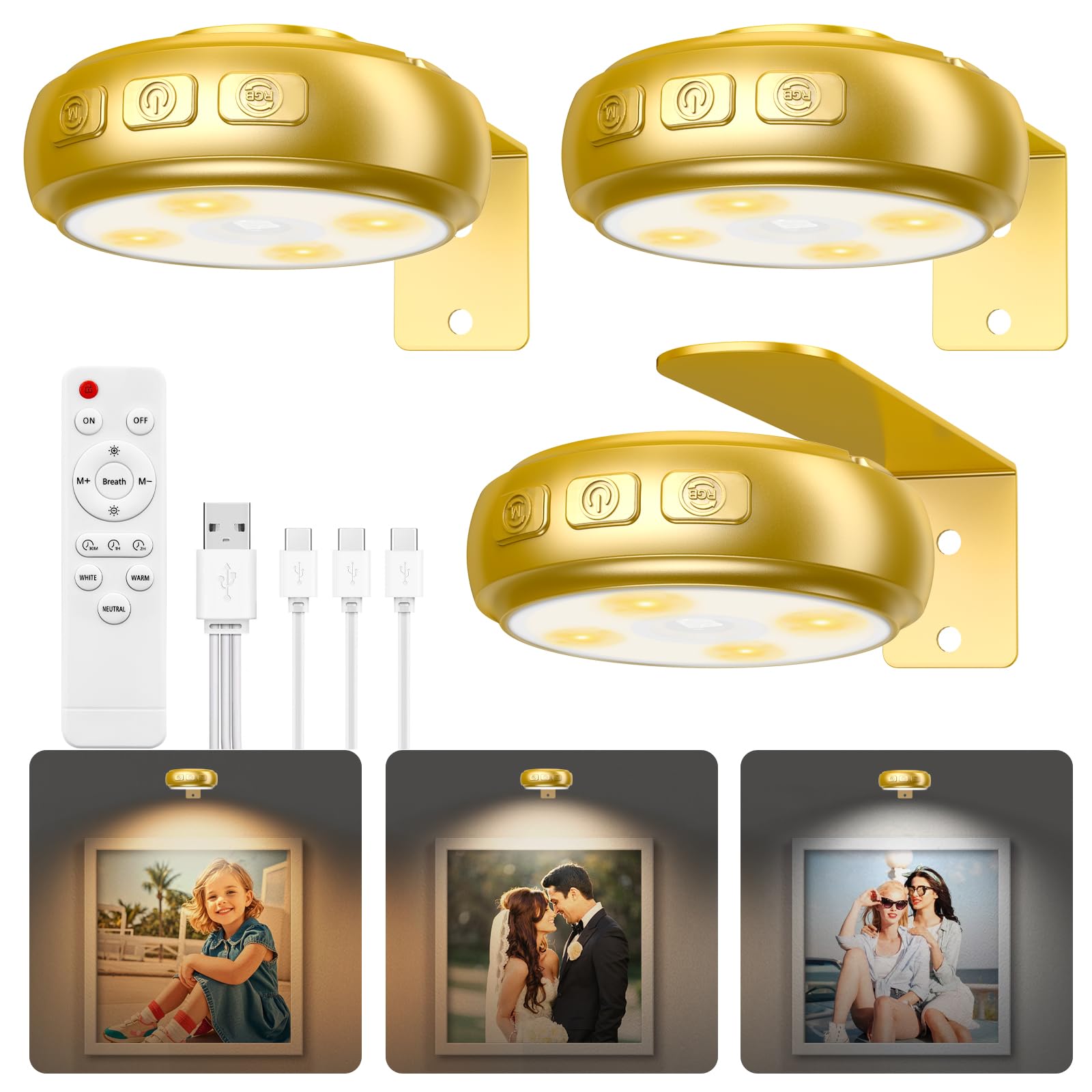 Photo 1 of ***MISSING PIECES*** 3 Pack Picture Light for Wall with 1200mAh Rechargeable Battery Operated Lights Remote Dimmable Timer Painting Light Magnetic 3 Adjustable Lighting RGB Modes Wall Decor Lights for Living(Gold)