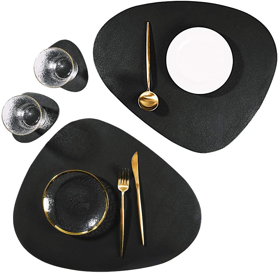 SUBEKYU Faux Leather Placemats and Coasters Set, Washable Round Table Mat, Waterproof Coffee Mats, Heat-Resistant Place Mat for Kitchen Dining Table (Black): Home & Kitchen