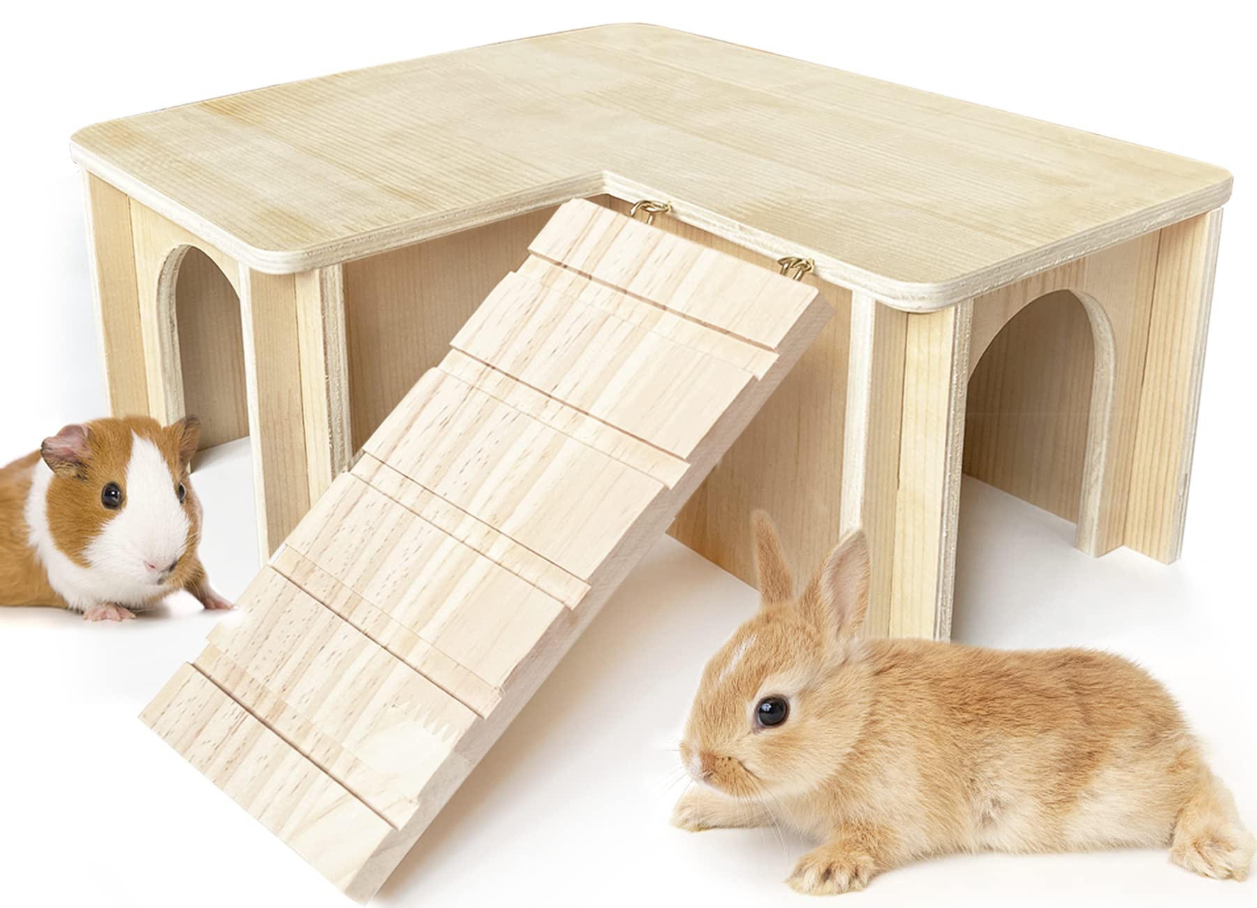 Photo 1 of Chngeary Guinea Pig Hideout and House: Multi Chamber Wooden Guinea Pig Castle with Ladder, Cage Accessories for Chinchilla Dwarf Rabbits Hamster Bunny and Others