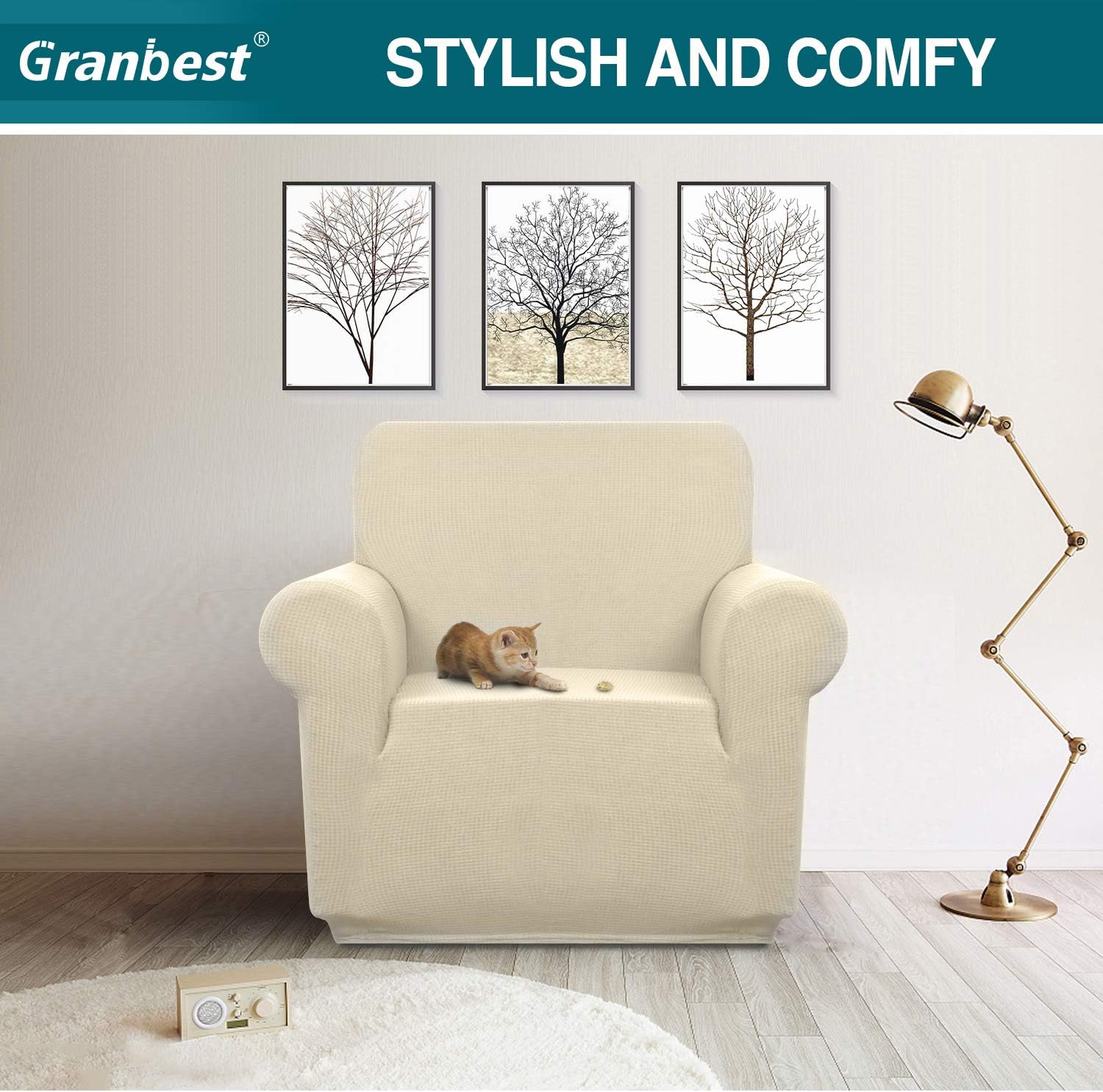 Granbest Premuim Water Repellent Armchair Covers 1 Piece Stretch Chair Slipcover for Living Room Non Slip Chair Protector Jacquard Sofa Cover 1 Seater Chair Covers (1 Seater - Image 3