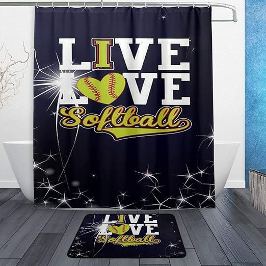 Amazon Com Slhfpx Love Softball Baseball Shower Curtain And Rug Set Water Resistant Polyester Fabric Long Curtain Mat Set With 12 Hooks 66 X 72 Inch Bathroom Decor Accessories Set Of 2 Home Kitchen