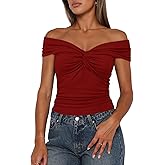 Darong Women Summer Twist Knot Front Off The Shoulder Tank Tops Cap Sleeve Going Out Shirts Slim Fitted Y2K Outfits