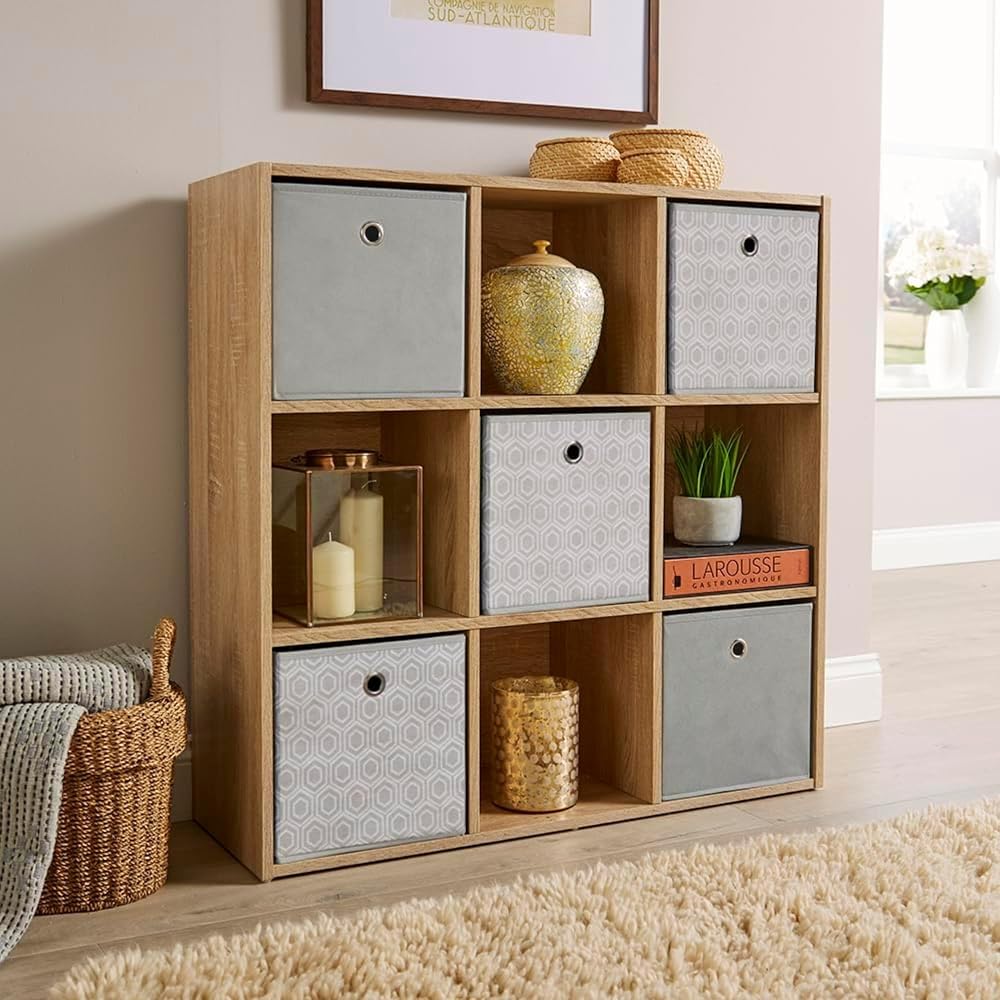 Home Source 9 Shelf Cube Bookcase Oak Effect Storage Unit 90cm