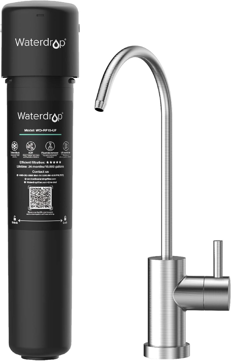 Waterdrop 15UB-UF Under Sink Water Filter System, 0.01 Micron Ultra Filtration Under Counter Drinking Water Filtration System, with Dedicated Brushed Nickel Faucet, 16K High Capacity, USA Tech - - 