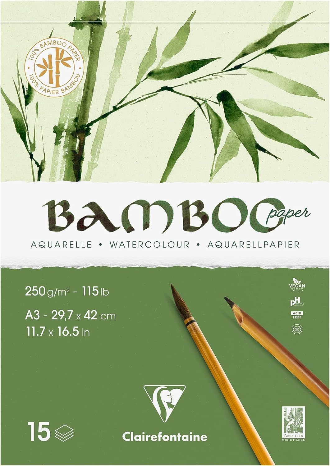 Clairefontaine 975920C - Bamboo Single-Sided Pad - 15 Sheets 100% Bamboo Paper Natural White Watercolour 100% Vegan - Finely Marked Grain A3 29.7x42 cm 250g