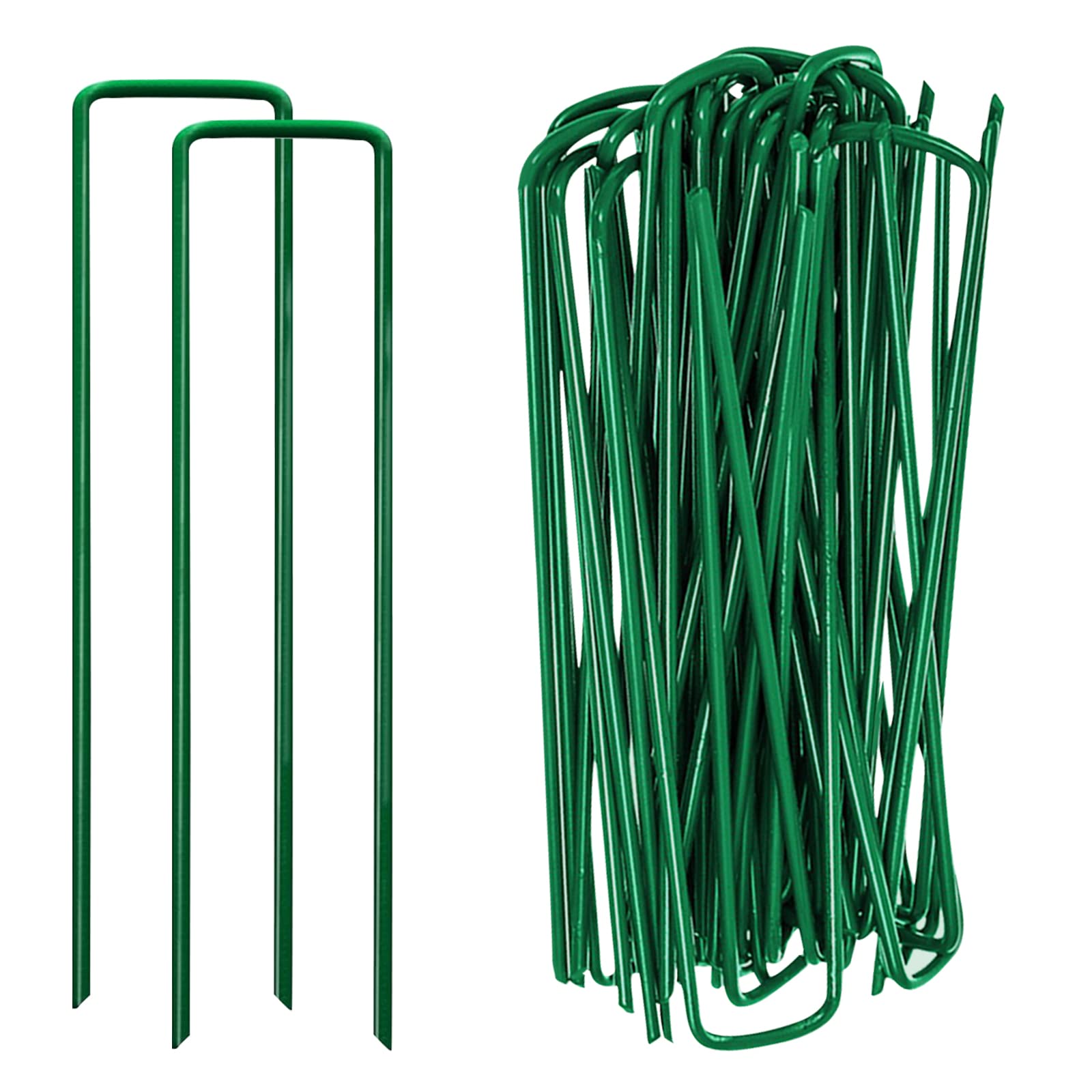 Ledeak 100Pcs Garden Pegs, 6 Inch Green-Coated U-Shaped Artificial Grass Turf Pins Strong Steel Grass Stakes Garden Spikes, Grass Anchoring Staples for Securing Lawn Ground Landscape Farm Fabric